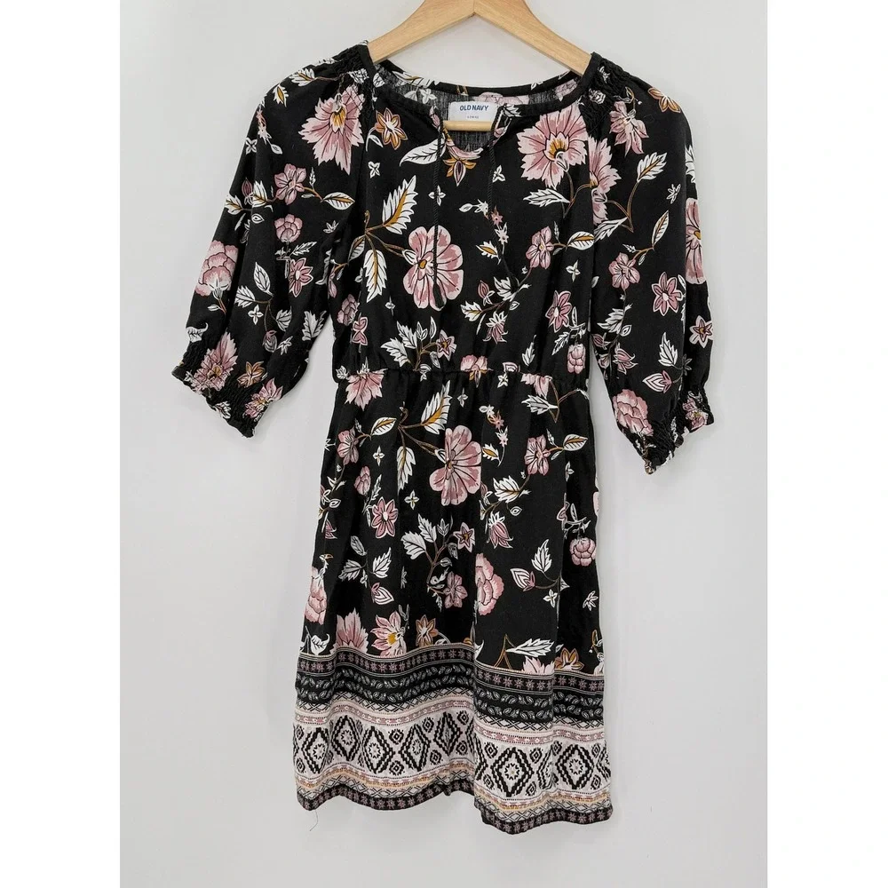 Old Navy Girls Floral‎ Print Dress Black Pink Bohemian Size L (10-12)